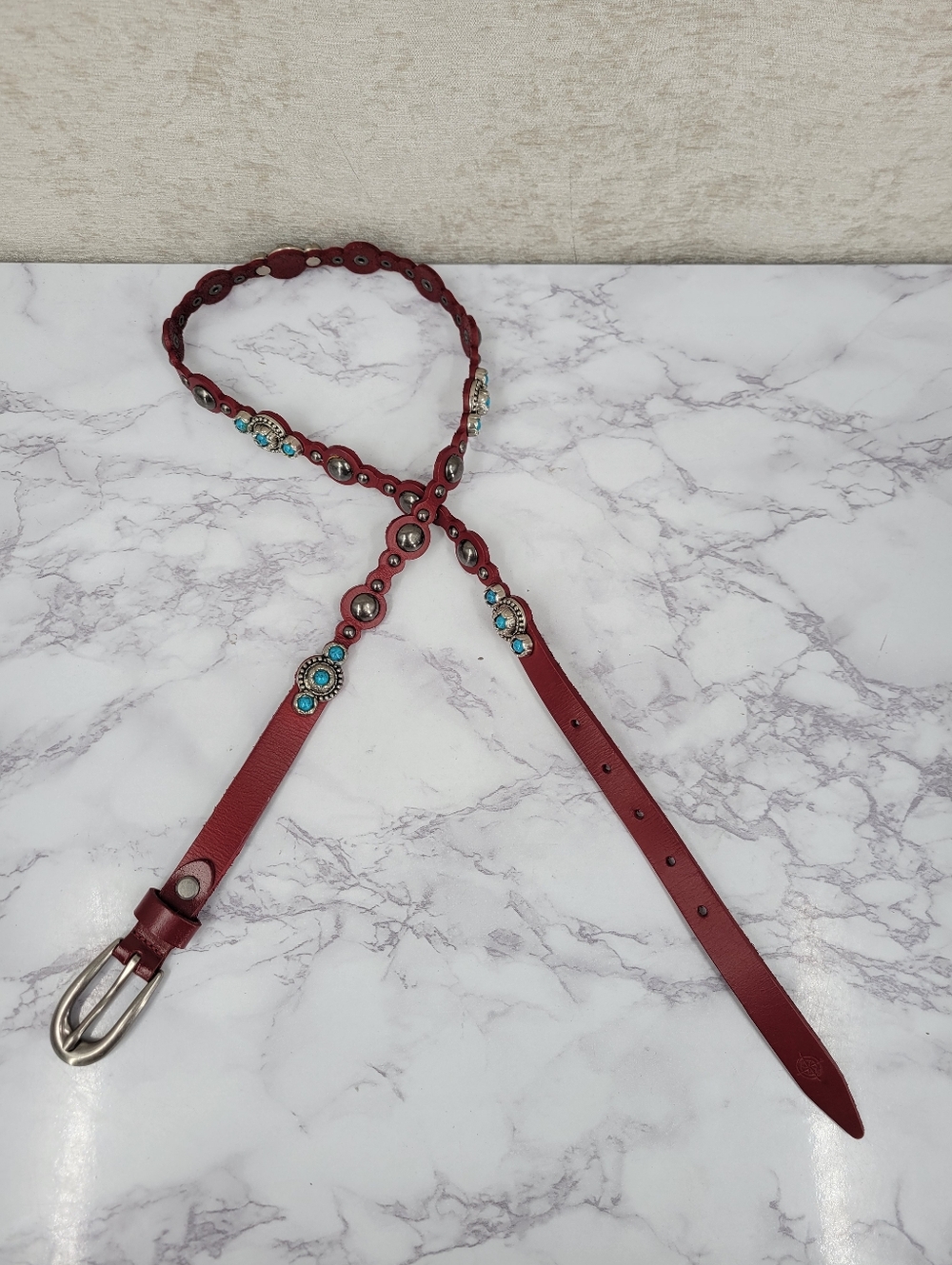 Old Trend Red Leather Faux Turquoise Concho Studded Belt Western - Picture 11 of 12
